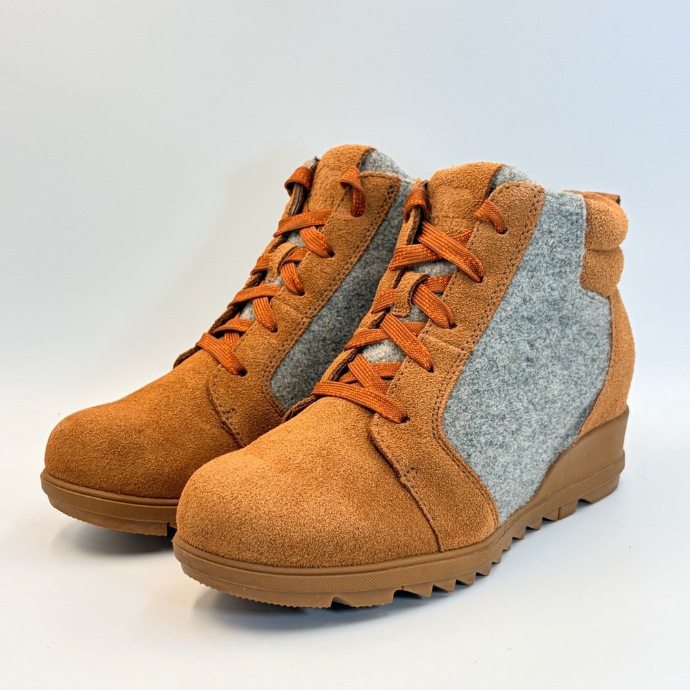 Sorel Evie Sport Suede Hidden Wedge Boots Camel Brown Womens Sz 8 Cozy Ruggedl